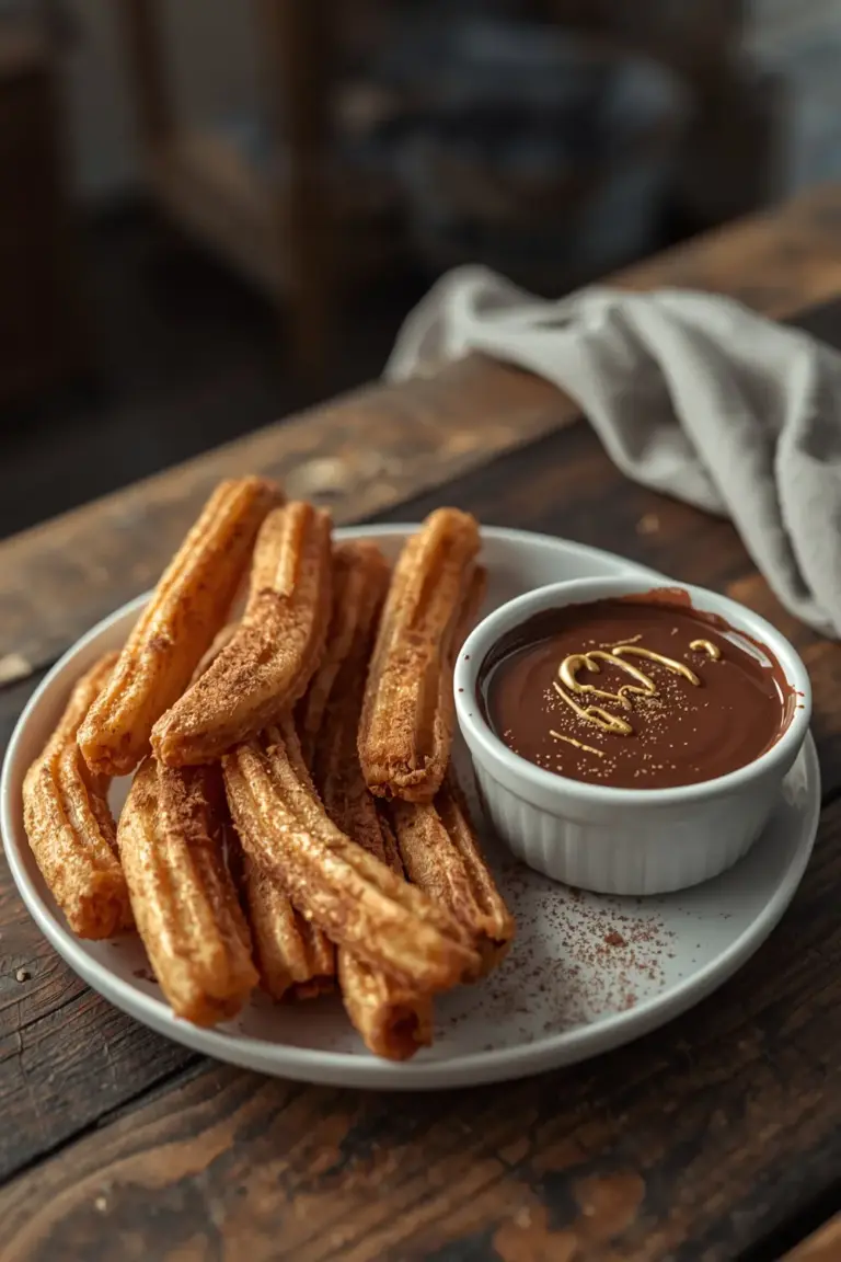 A plate of fried churros with a side of chocolate dipping sauce
