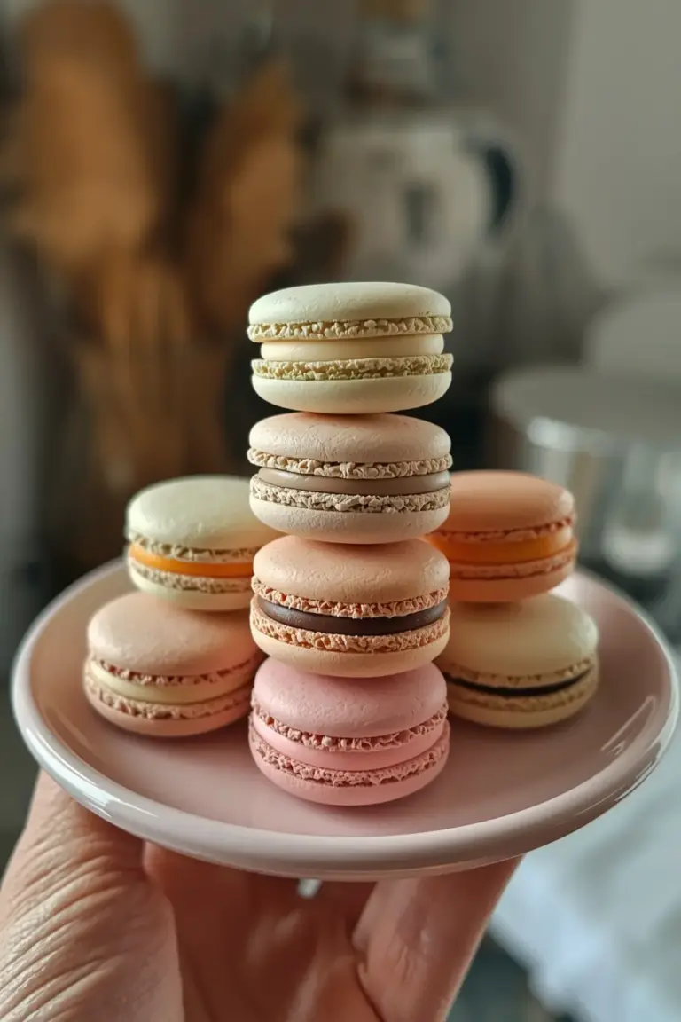 A stack of French macarons in different colors, with buttercream fillings, on a ceramic plate
