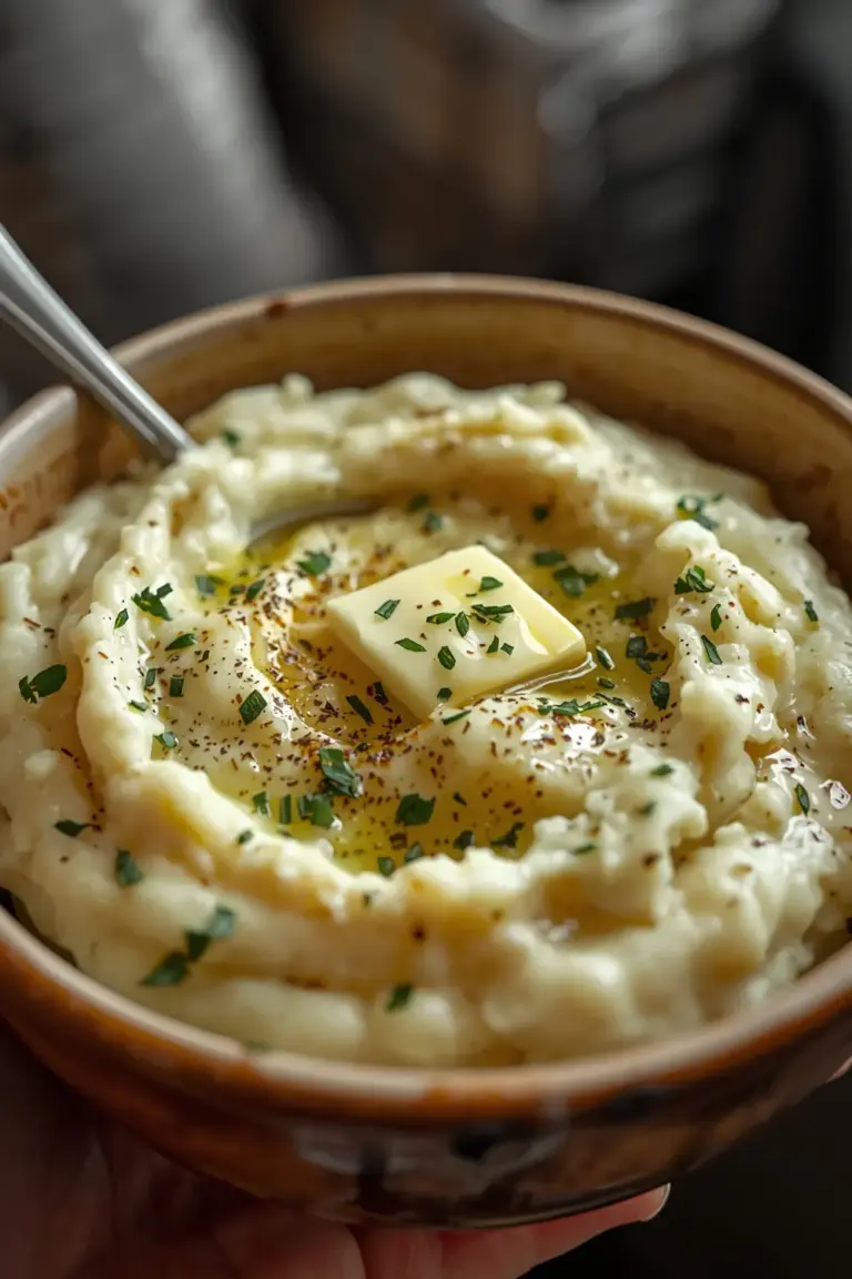 A photo of garlic mashed potatoes in a bowl