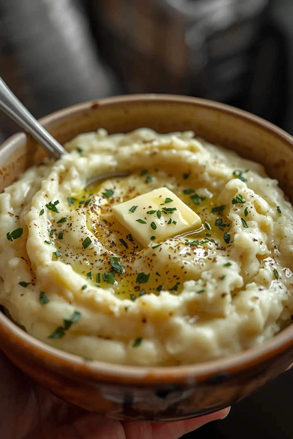 A photo of garlic mashed potatoes in a bowl