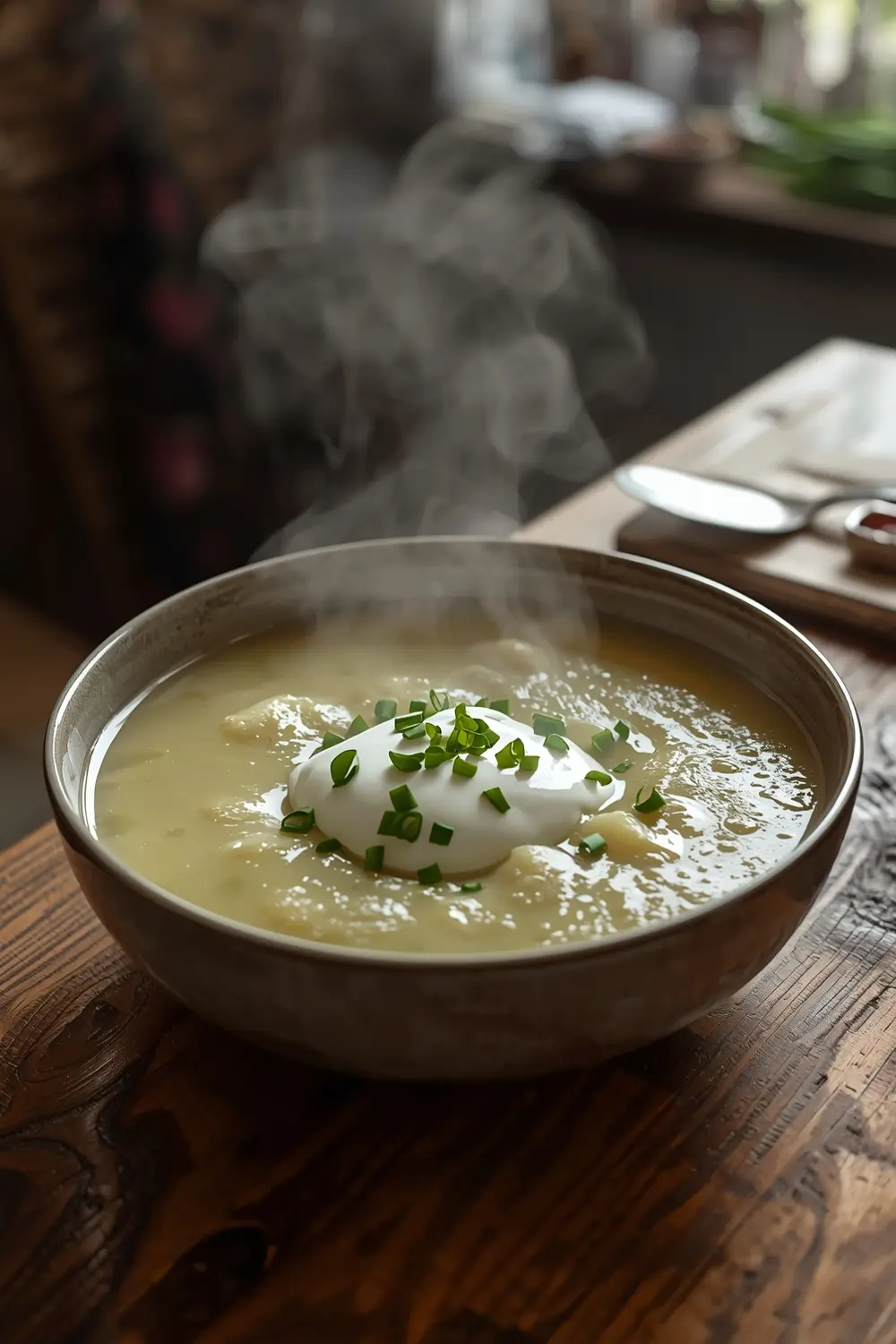 A bowl of creamy Irish Leek and Potato Soup topped with parsley and chives