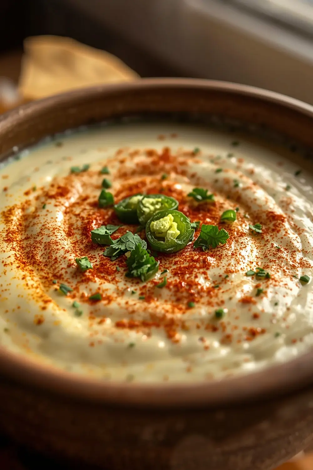 A warm and creamy queso blanco dip with a sprinkle of paprika, diced jalapeño, and chopped cilantro, served in a rustic bowl