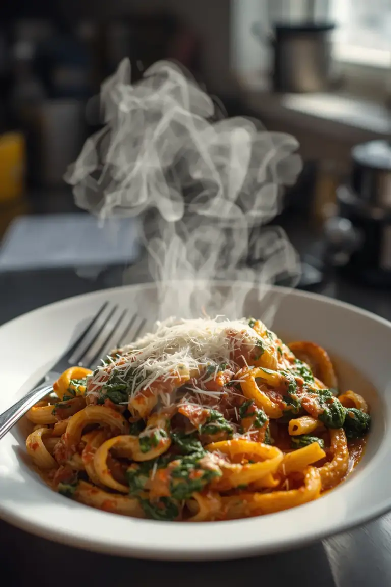 A plate of pasta with spinach and parmesan cheese