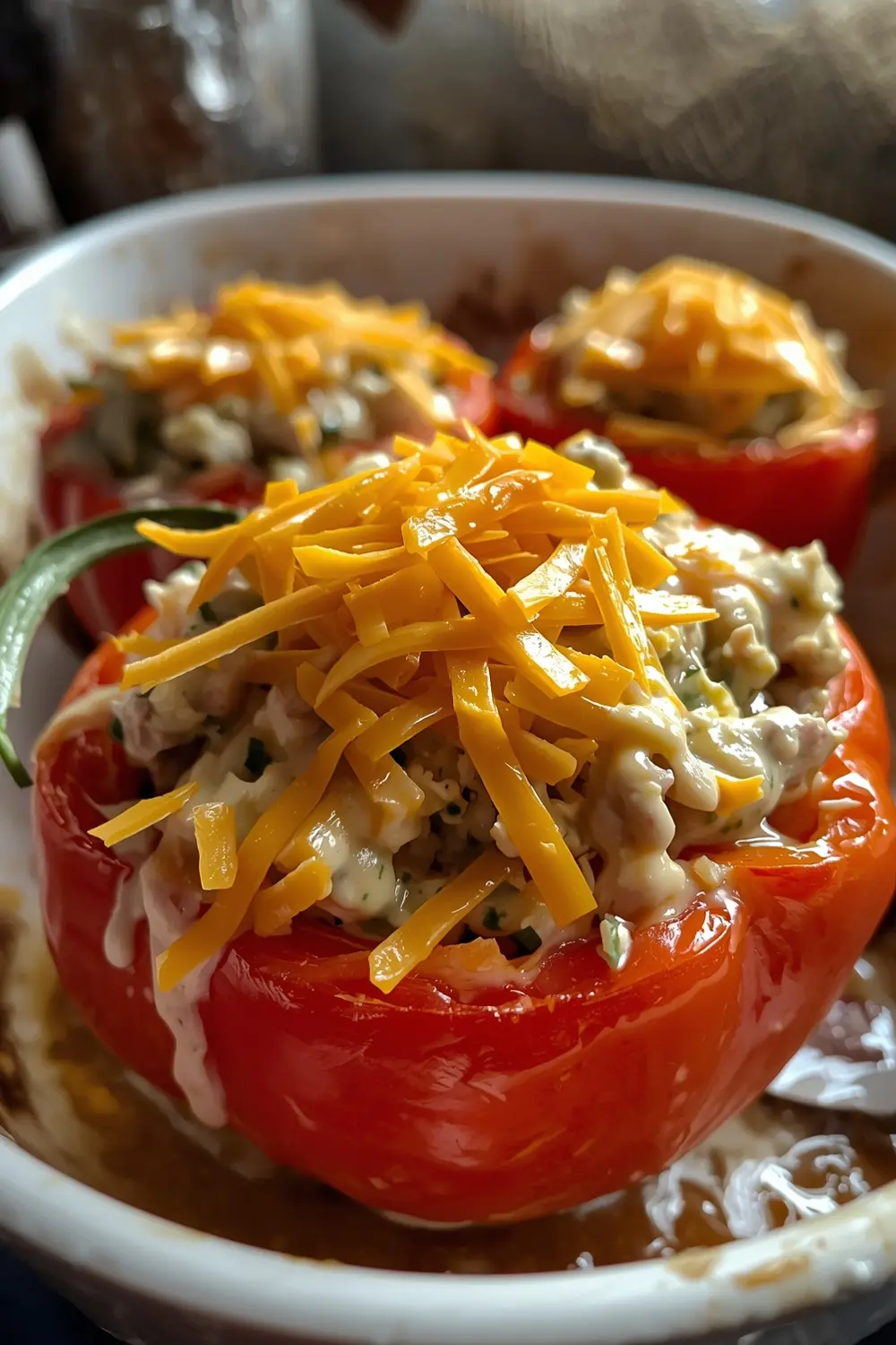 A photo of a baked bell pepper filled with tuna and cheese