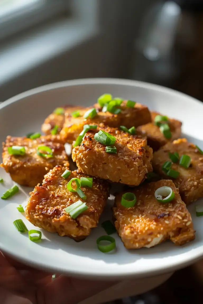 Photo of crispy tofu made in an air fryer, served on a white plate