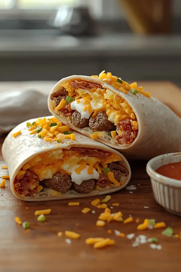 A wrapped breakfast burrito cut in half, filled with scrambled eggs, sausage, bacon, and cheese, topped with sour cream and salsa