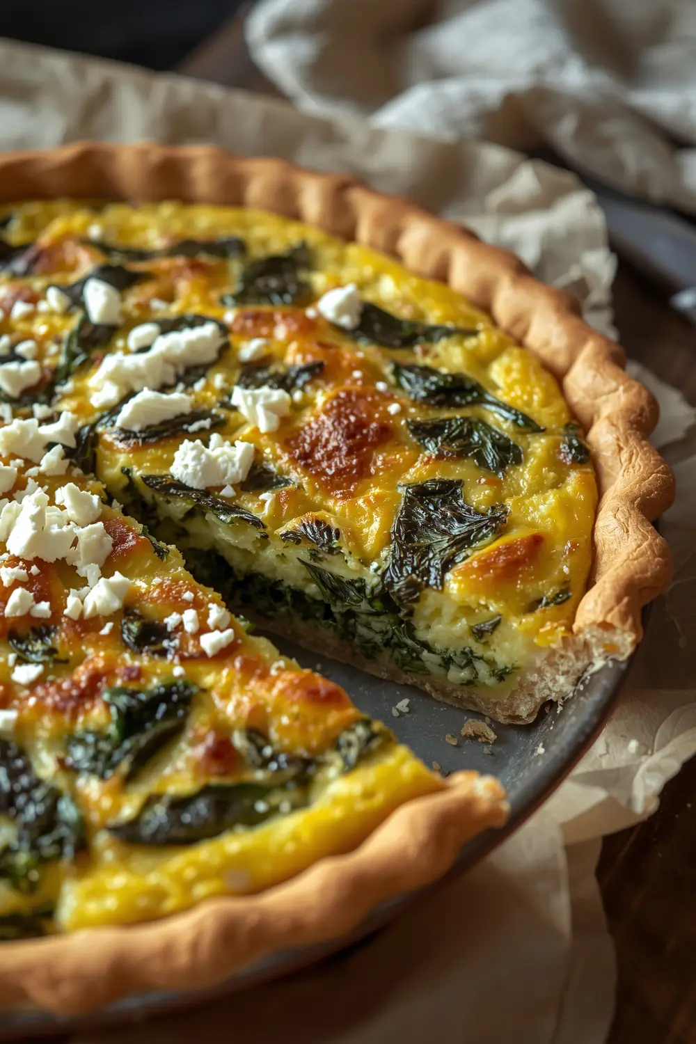A photo of a homemade quiche with spinach and feta cheese