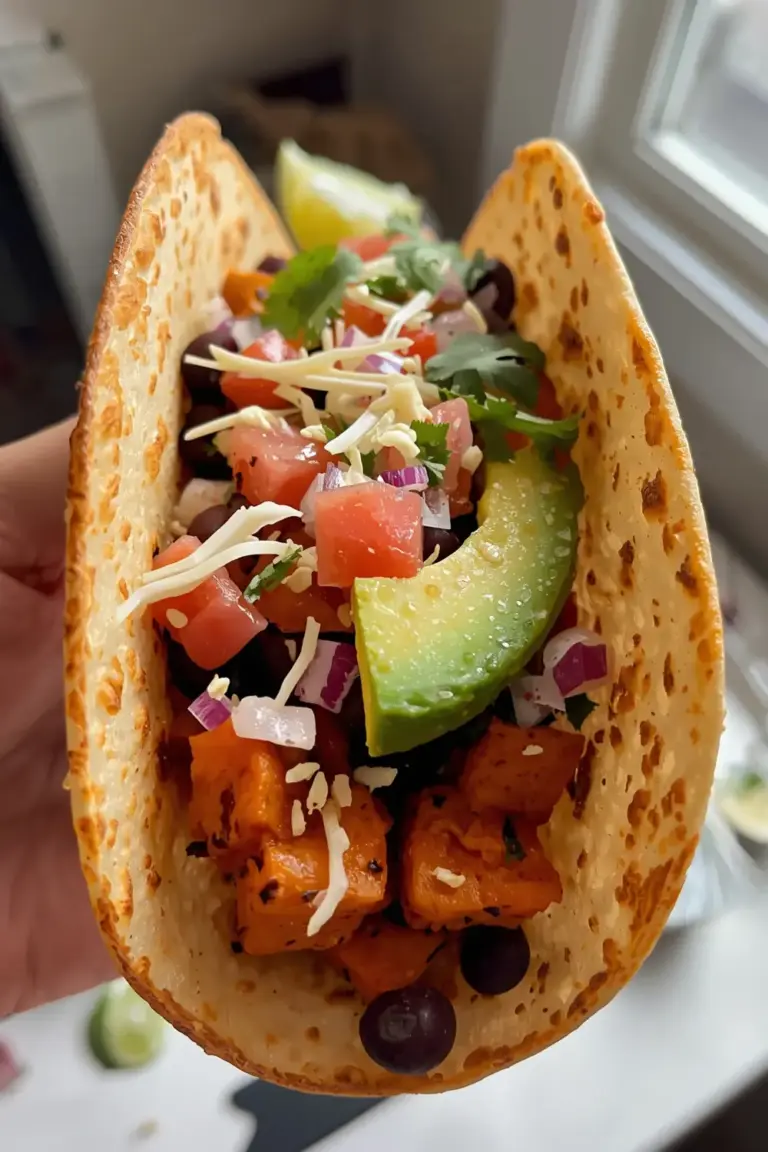 A photo of a roasted sweet potato and black bean taco, with avocado, lime juice, and cilantro