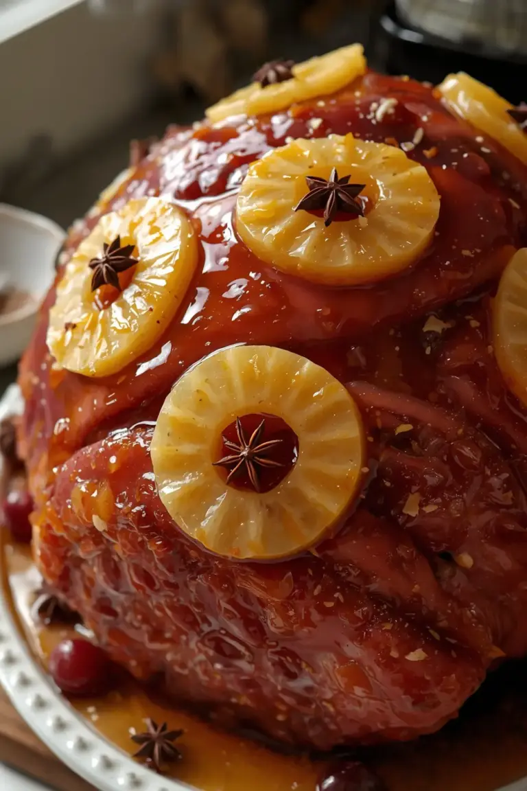 Close-up photo of a glazed ham with pineapple and cherry toppings