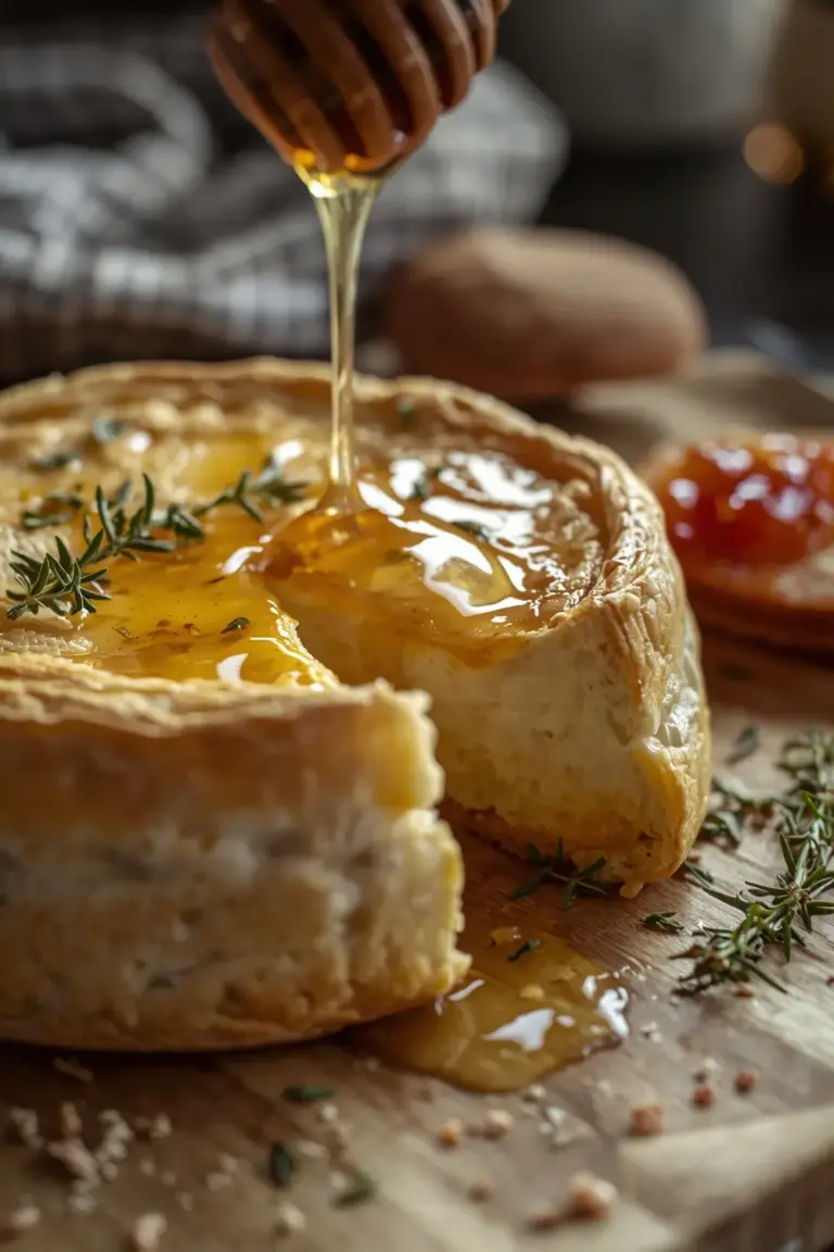 Baked brie cheese in puff pastry with jam and honey