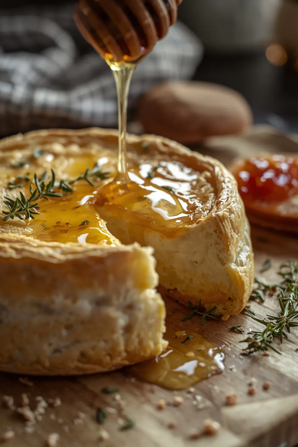 Baked brie cheese in puff pastry with jam and honey