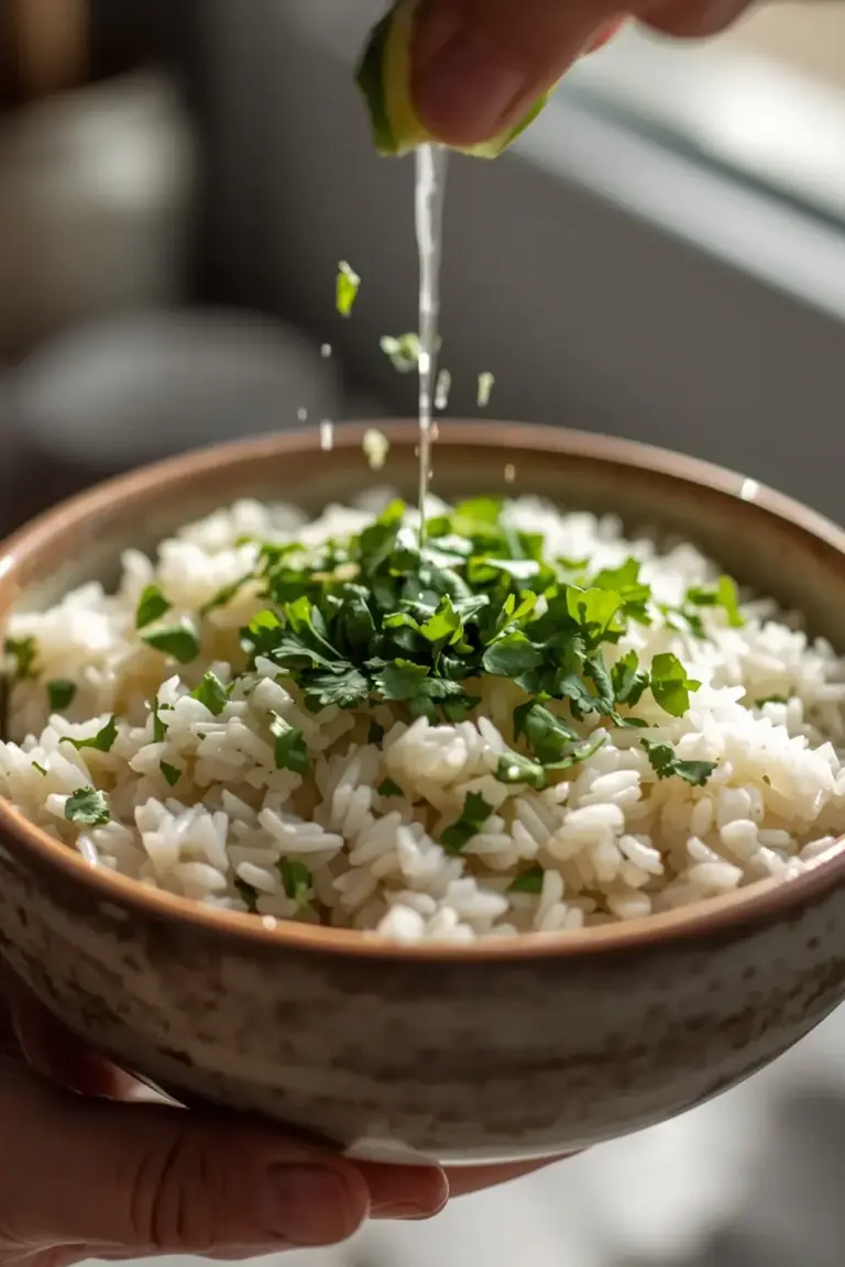 A photo of a bowl of cilantro lime rice with a sprinkle of cilantro and a squeeze of lime juice