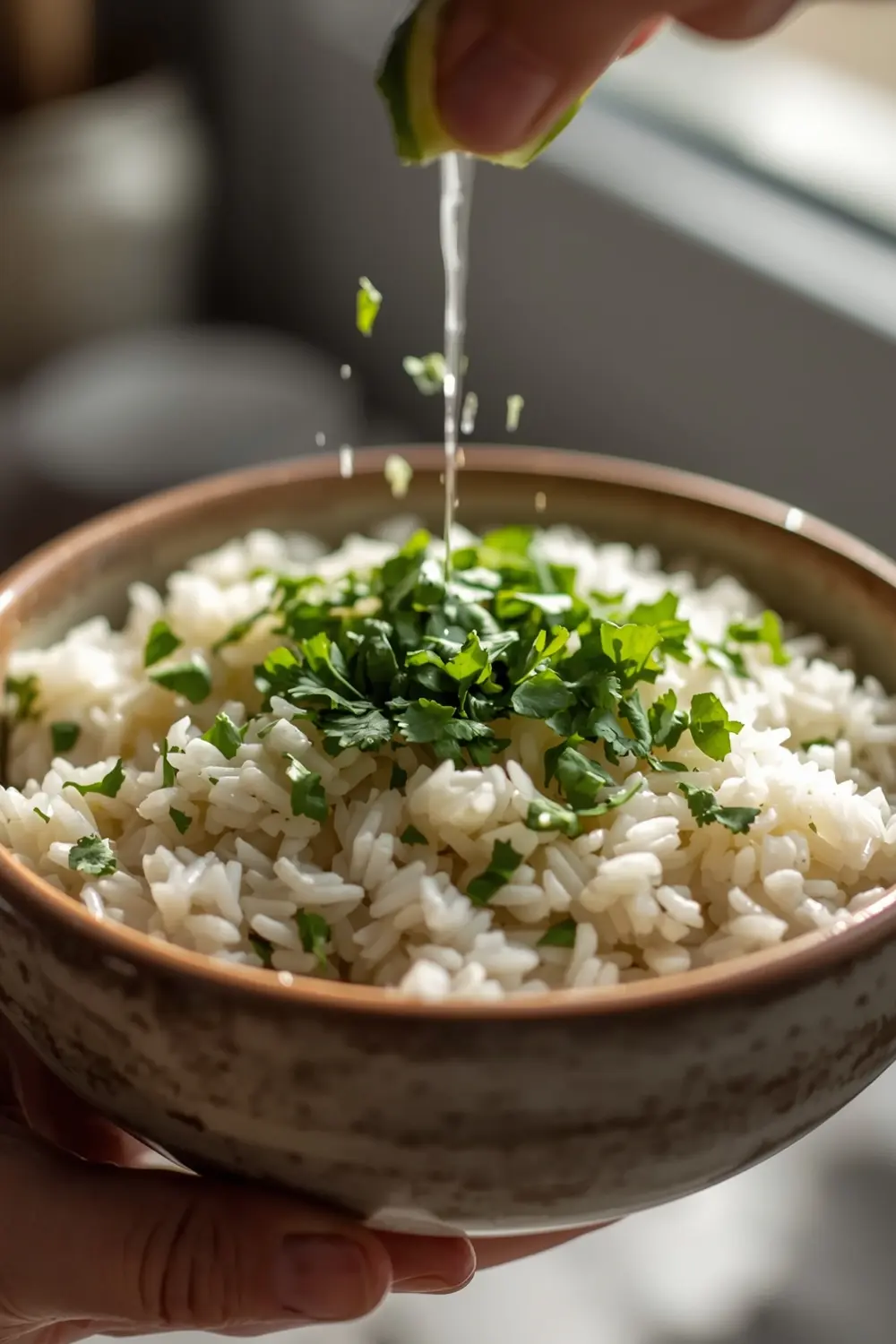 A photo of a bowl of cilantro lime rice with a sprinkle of cilantro and a squeeze of lime juice