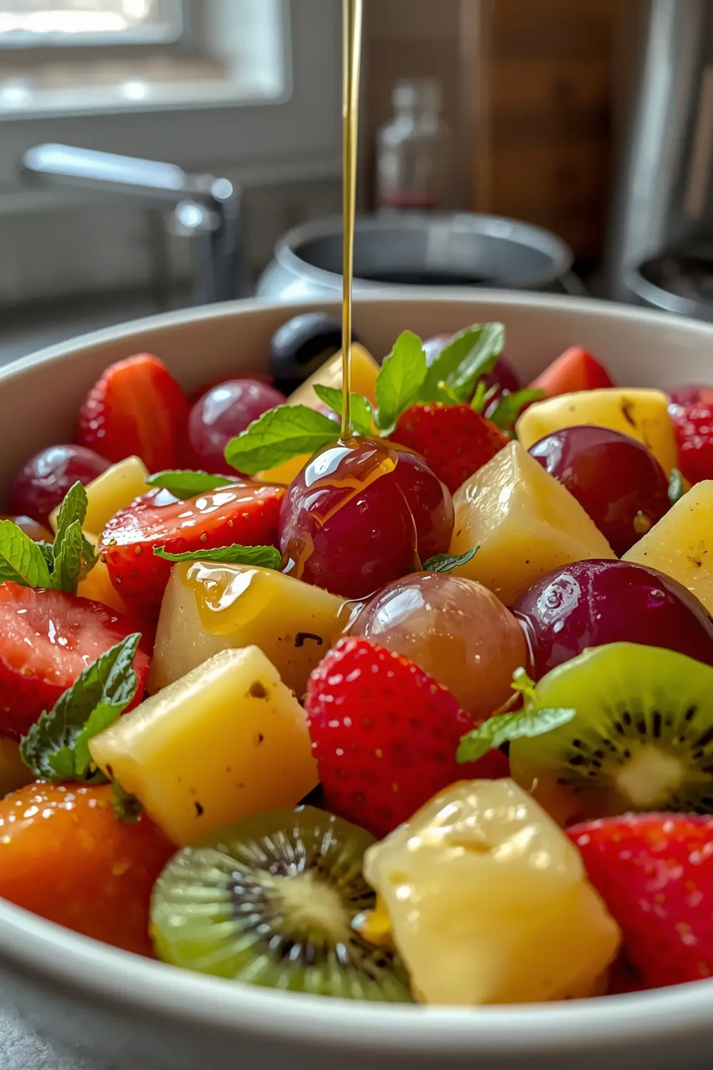 A photo of a fruit salad with a honey lime dressing, garnished with fresh mint leaves