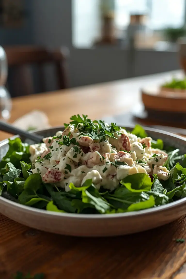 A photo of a refreshing chicken salad made with Greek yogurt and garnished with herbs