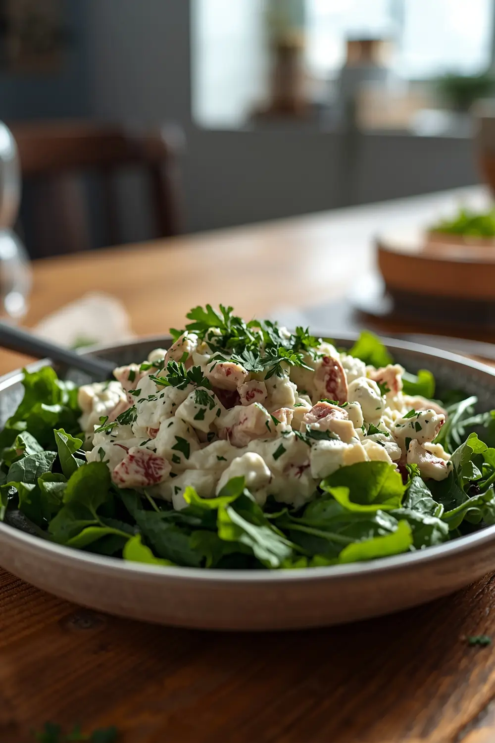 A photo of a refreshing chicken salad made with Greek yogurt and garnished with herbs