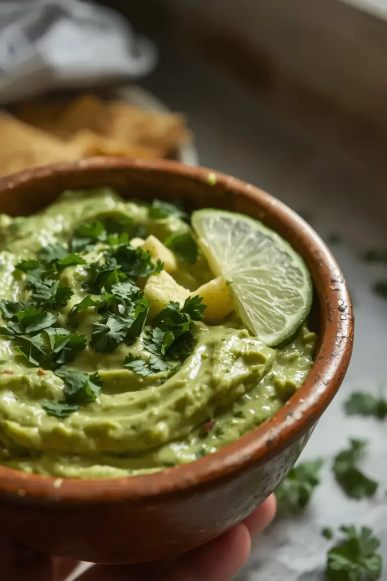 A photo of a delicious homemade guacamole dip in a ceramic bowl