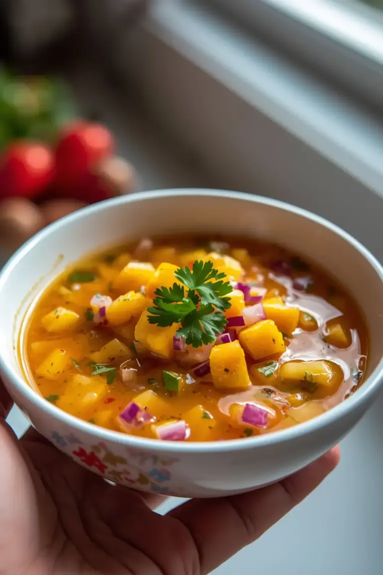 A photo of a bowl of mango habanero salsa with fresh ingredients
