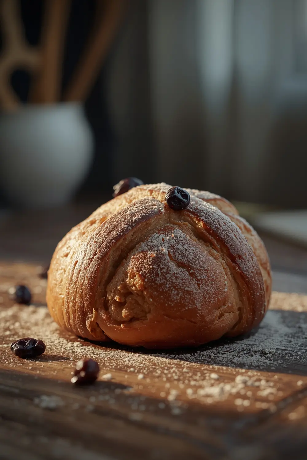 A close-up photo of a homemade hot cross bun on a wooden table