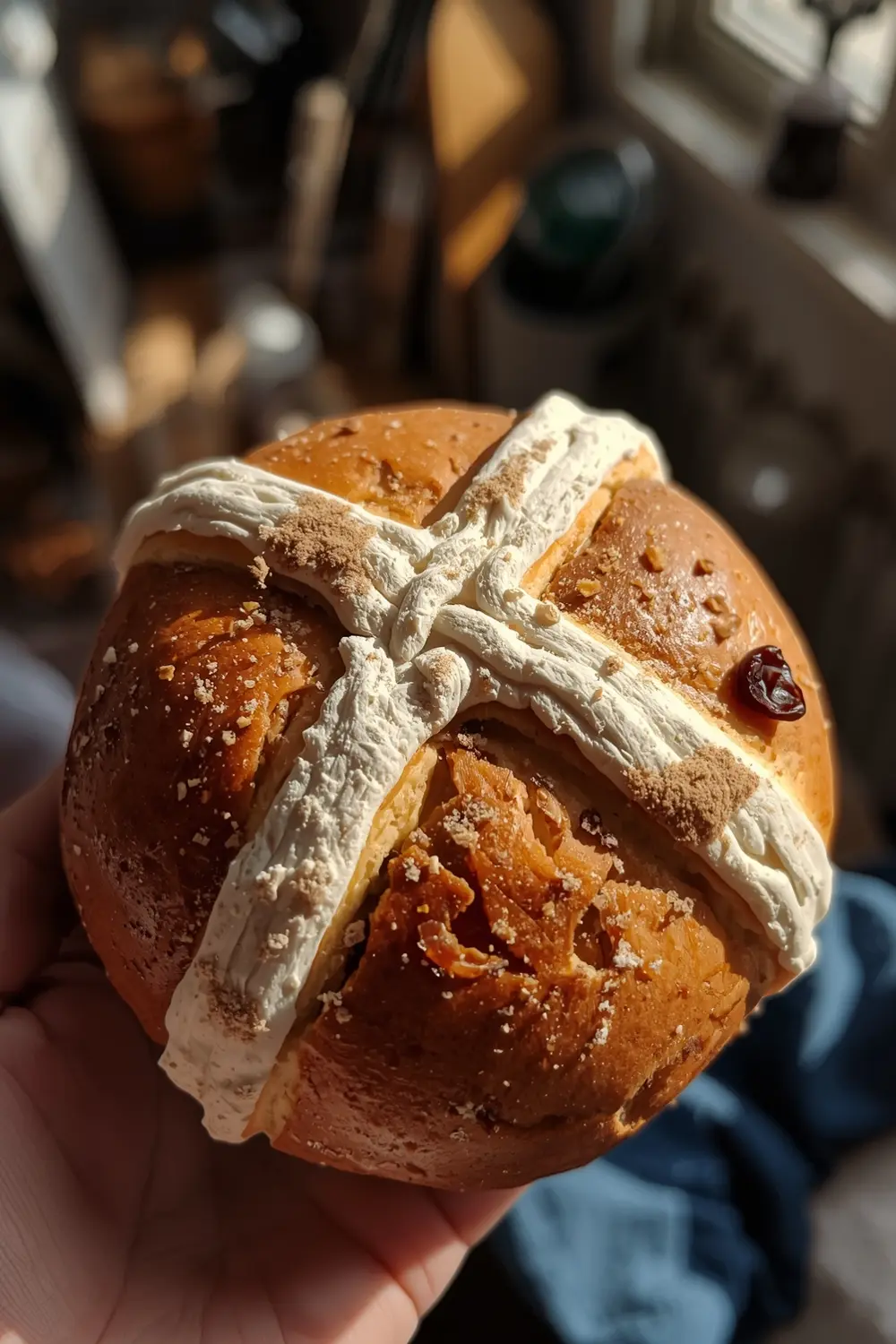 A close-up photo of a hot cross bun with a golden-brown crust and a white cross on top