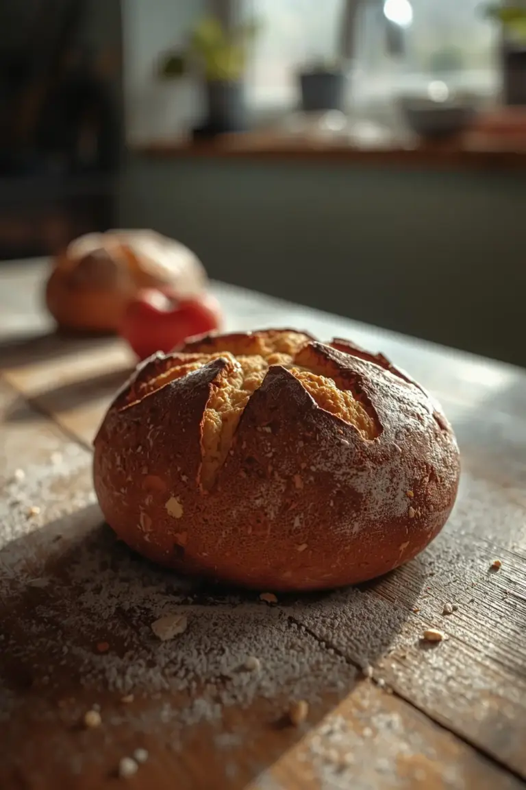 A warm, freshly baked Irish Soda Bread on a wooden table