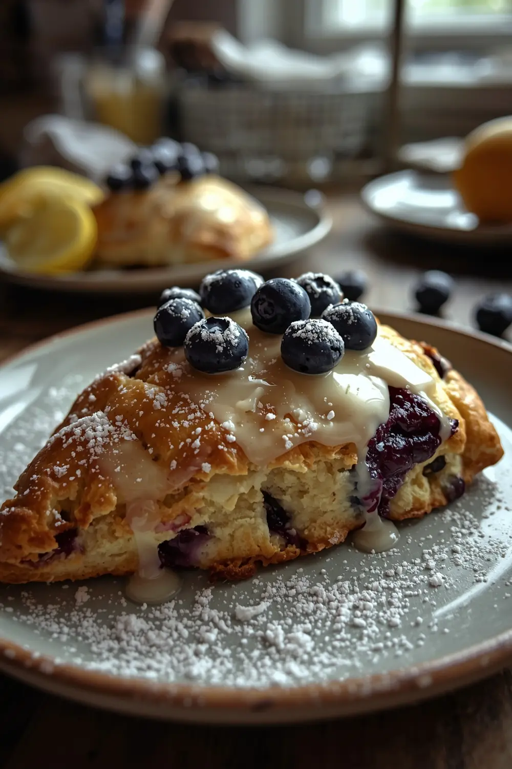 A close-up photo of a lemon blueberry scone with a light glaze and fresh blueberries on top