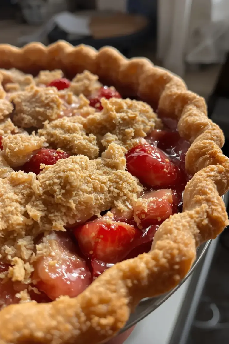 A close-up of a homemade strawberry rhubarb pie, fresh out of the oven