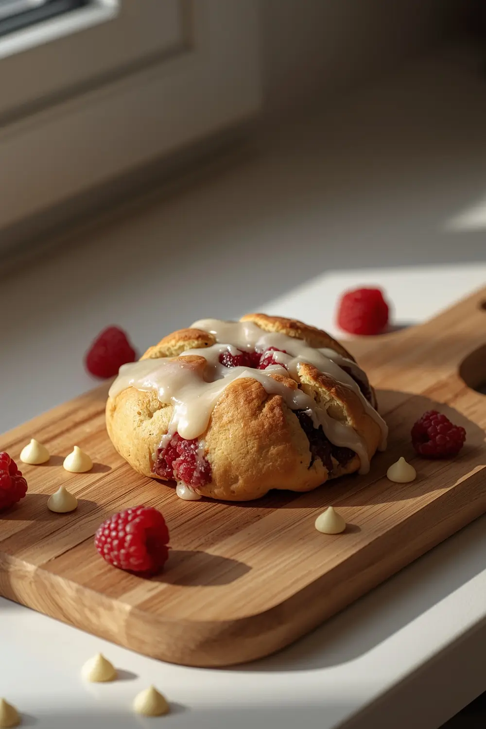 A close-up photo of a warm white chocolate raspberry scone on a wooden cutting board with fresh raspberries and white chocolate chips