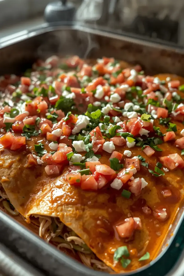 A close-up photo of a Green Chicken Enchilada dish, topped with diced tomatoes, crumbled queso fresco, and chopped cilantro.
