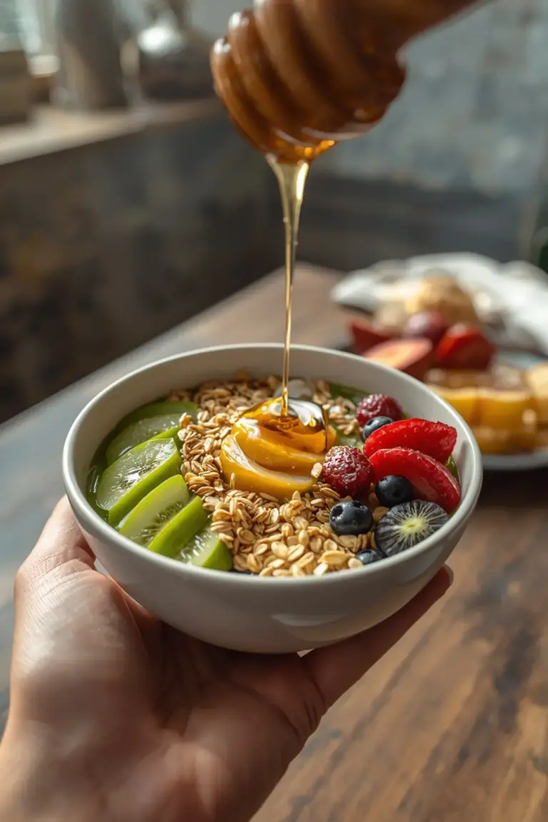 A close-up of a green smoothie bowl with fresh fruit, granola, and honey on top