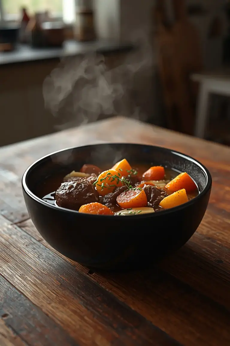 A photo of a bowl of Guinness Beef Stew, with beef, carrots, potatoes, and onions in a rich broth.