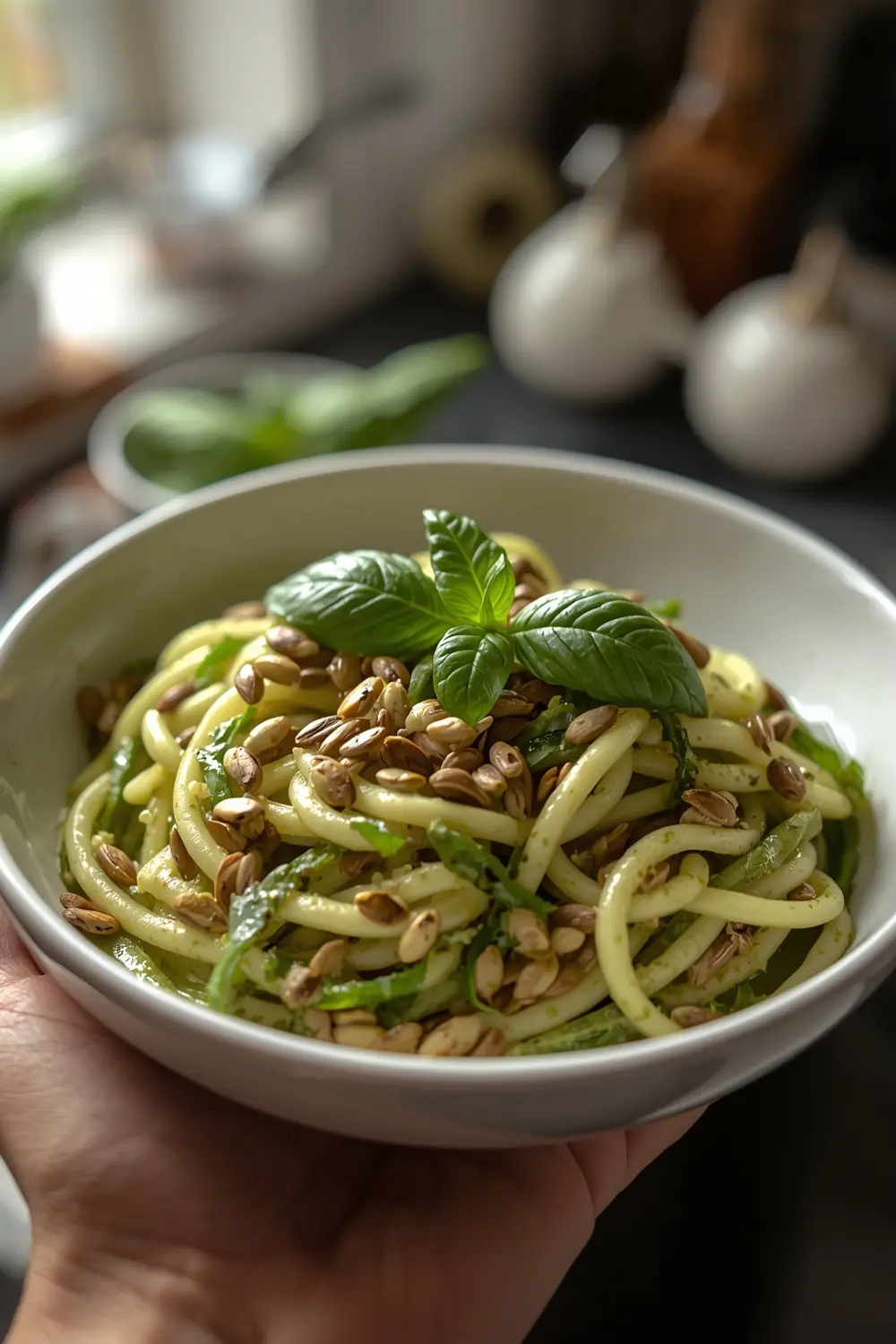 A photo of zucchini noodles with basil-pumpkin seed pesto sauce, garnished with fresh basil and pumpkin seeds