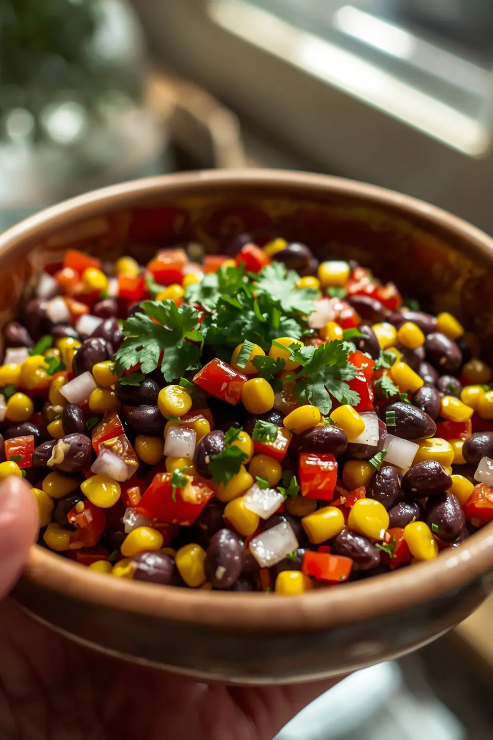 A photo of a fresh and spicy black bean and corn salsa in a ceramic bowl