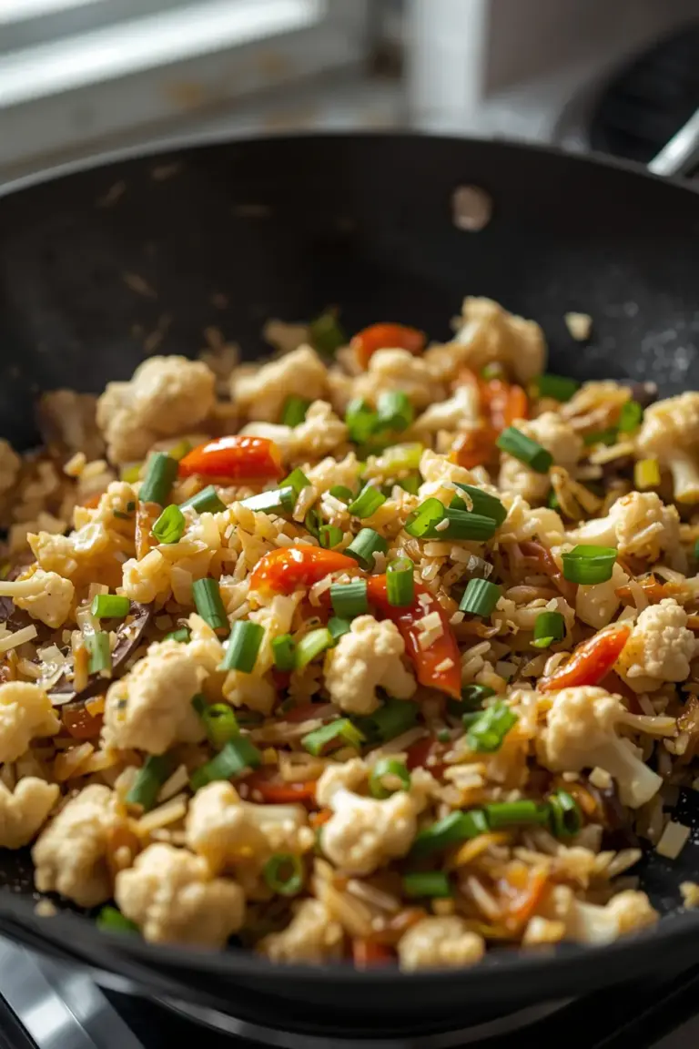 A photo of a delicious and healthy cauliflower fried rice dish, made with cauliflower, onion, garlic, mixed vegetables, and green onions