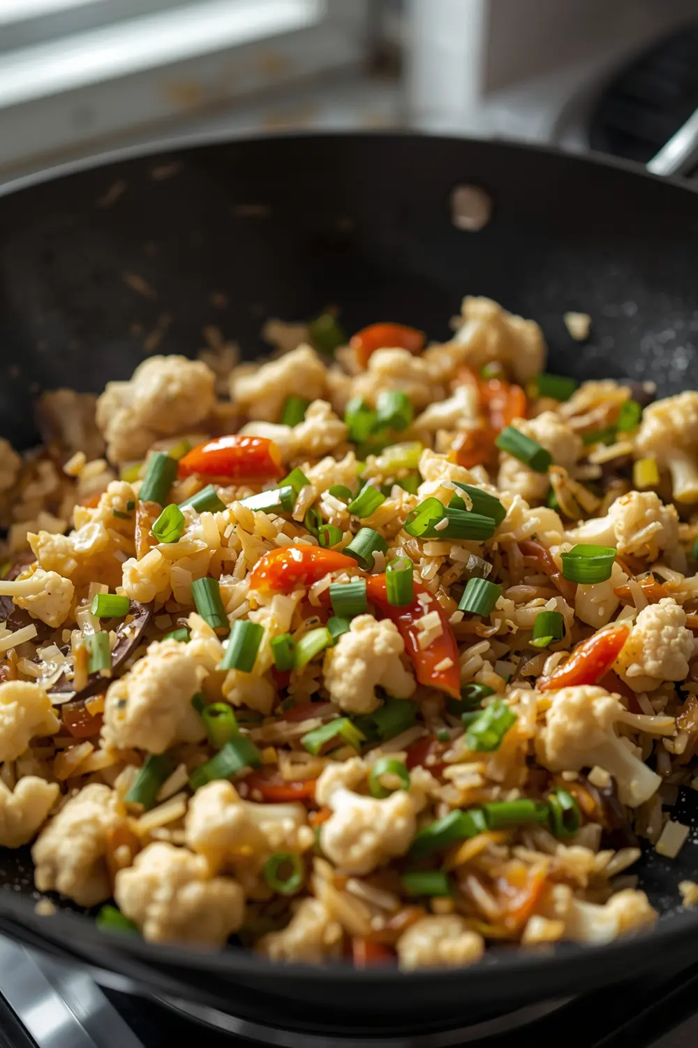 A photo of a delicious and healthy cauliflower fried rice dish, made with cauliflower, onion, garlic, mixed vegetables, and green onions