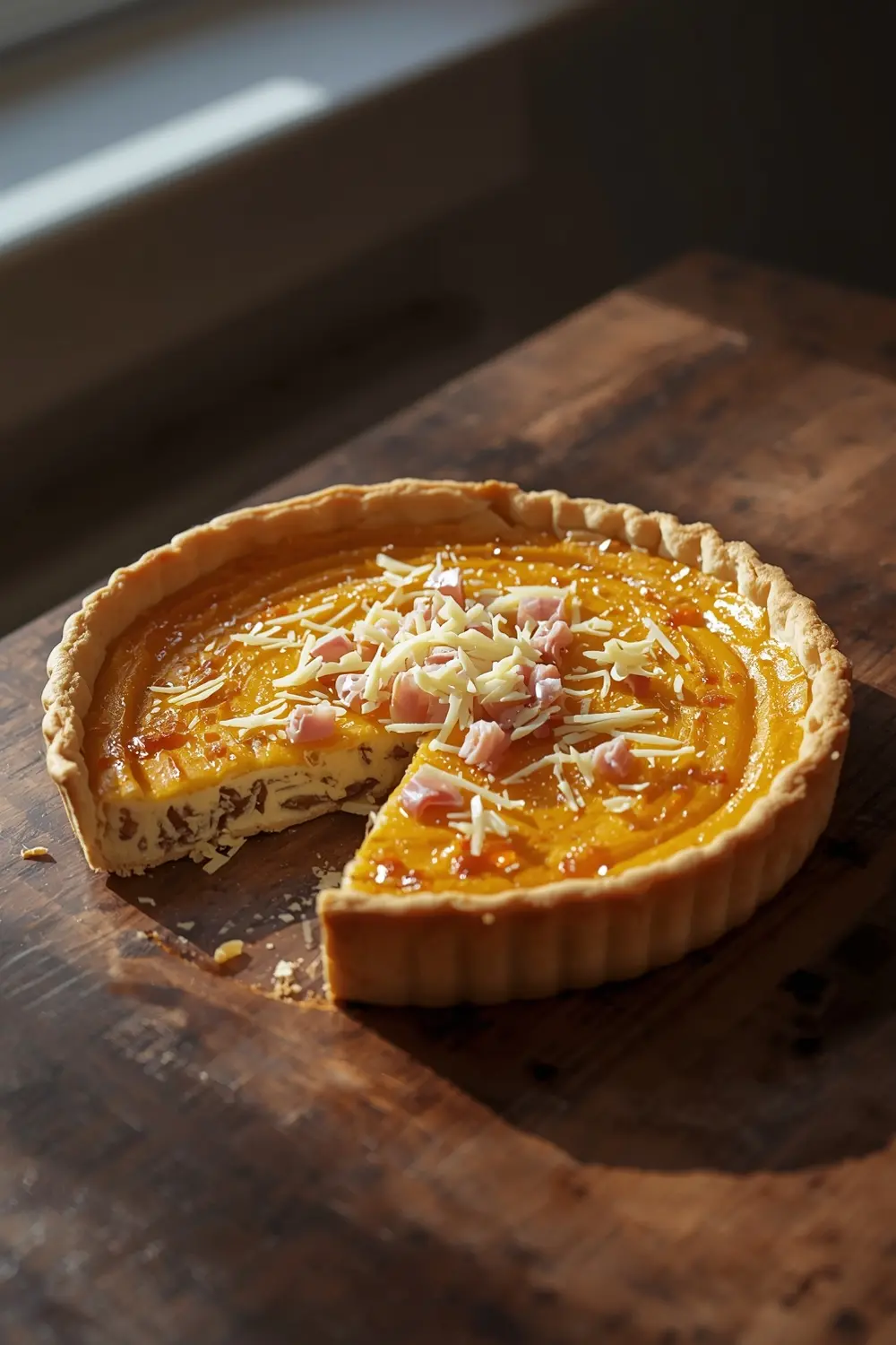 A photo of a homemade Quiche Lorraine with a missing slice, showing the creamy filling and toppings.