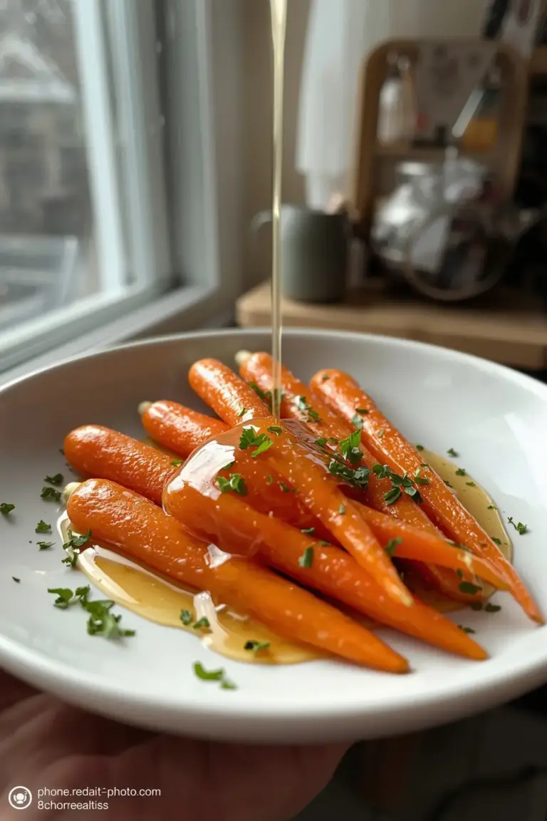 A photo of honey glazed carrots with parsley on a white plate