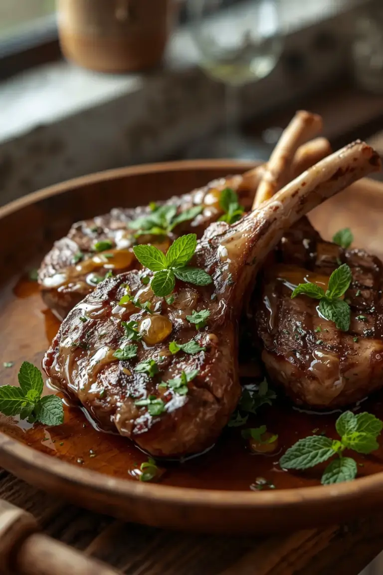 Grilled lamb chops with mint sauce and fresh mint leaves