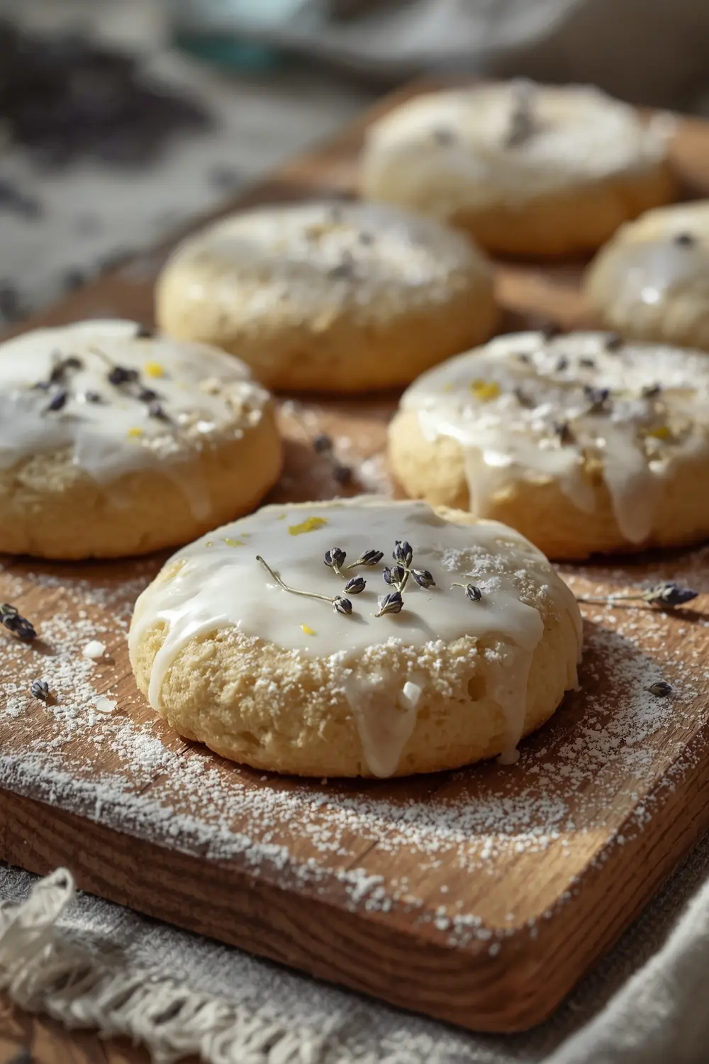 A close-up photo of shortbread cookies with a lemon glaze and dried lavender buds on top