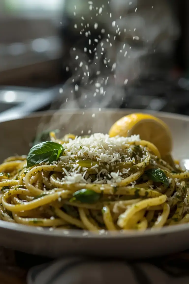 A photo of a plate of pesto pasta with basil, mint, and lemon
