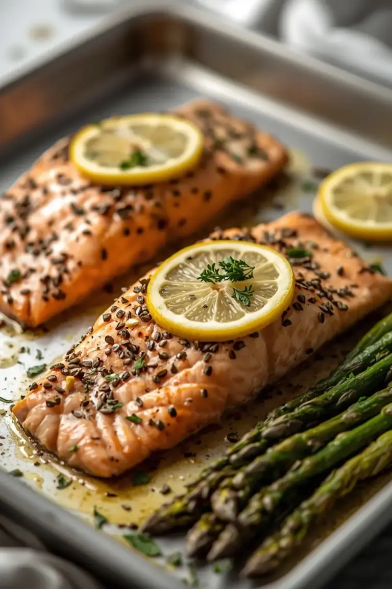 A photo of a sheet pan with baked salmon and asparagus, garnished with parsley and lemon.