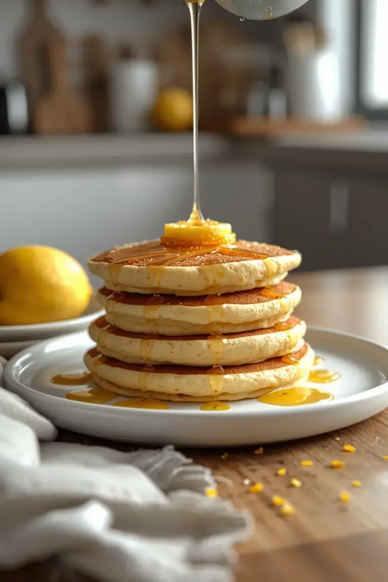 A stack of pancakes with honey and lemon zest on top
