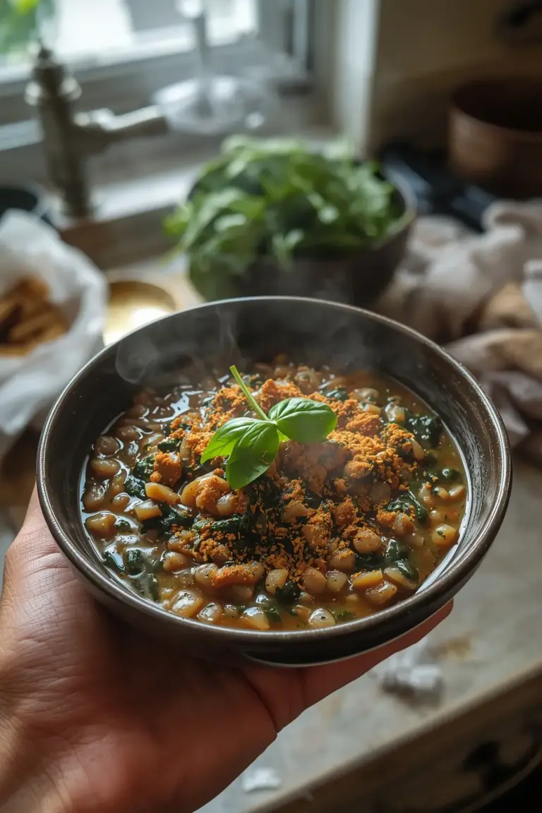 A bowl of lentils with spinach, garnished with curry powder and fresh spinach leaves