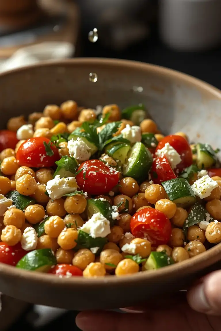A fresh and healthy Mediterranean Chickpea Salad with chickpeas, cucumber, cherry tomatoes, feta cheese, and parsley