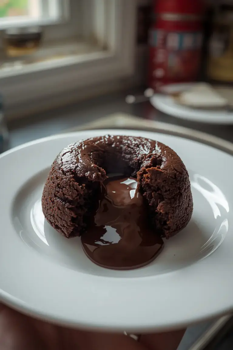 A photo of a molten chocolate lava cake with a cracked open center and oozing dark chocolate