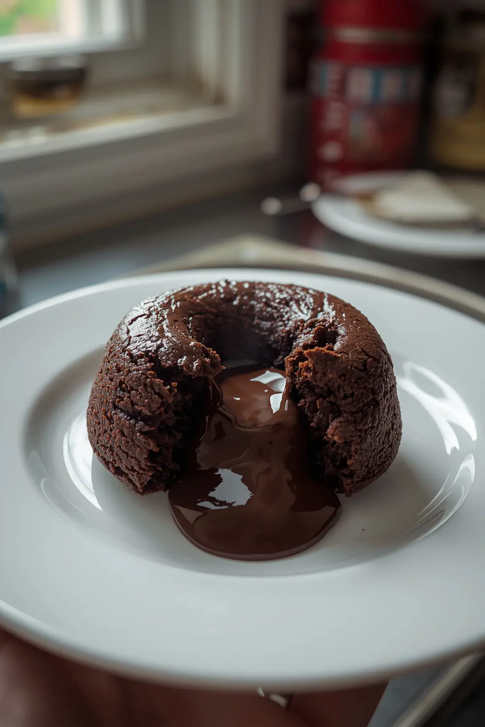 A photo of a molten chocolate lava cake with a cracked open center and oozing dark chocolate