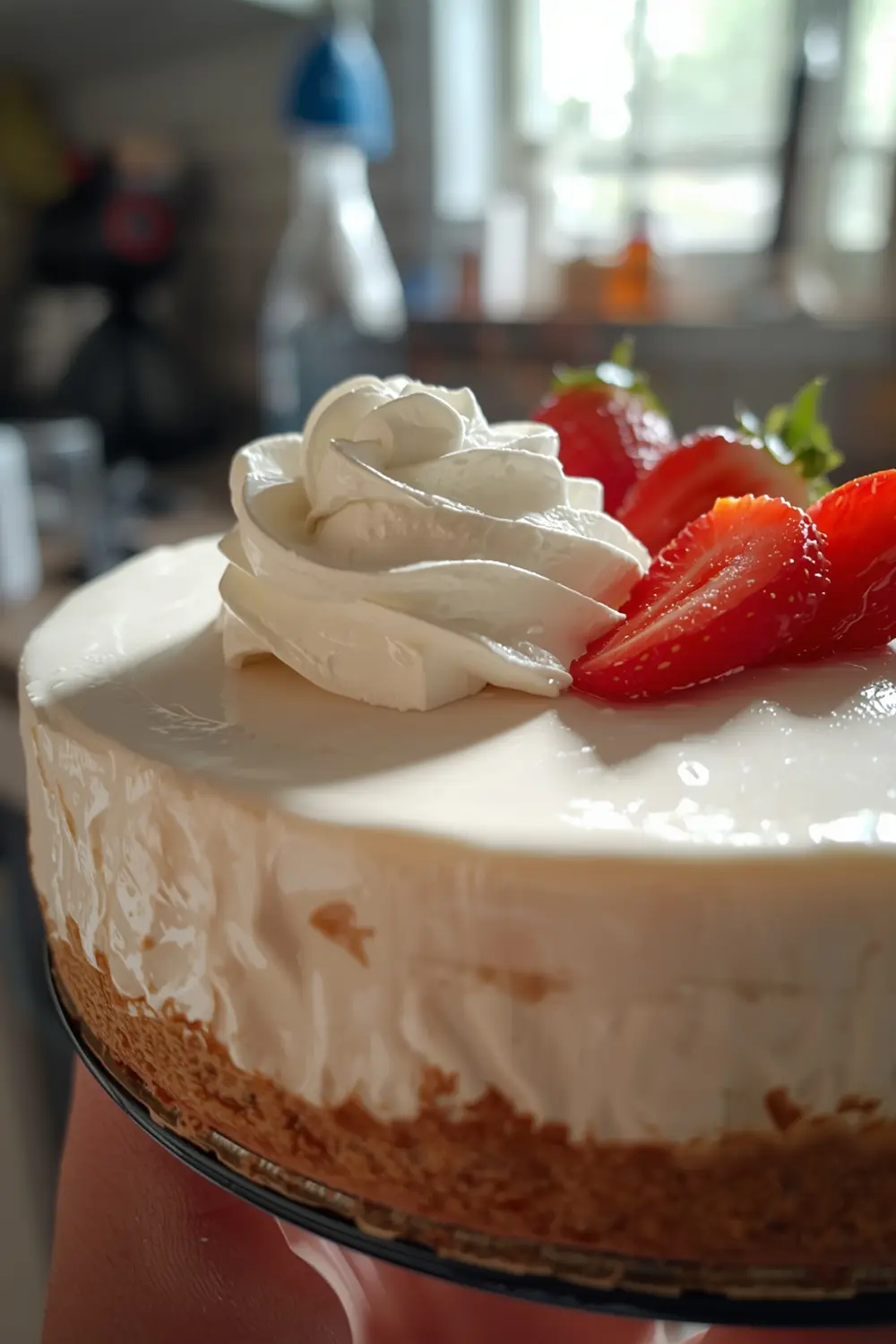 A photo of a no-bake strawberry cheesecake with whipped cream and fresh strawberries