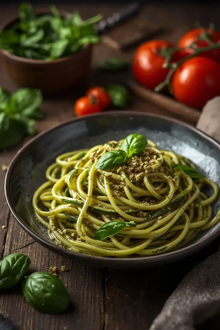 Close up photo of Pesto Zucchini Noodles