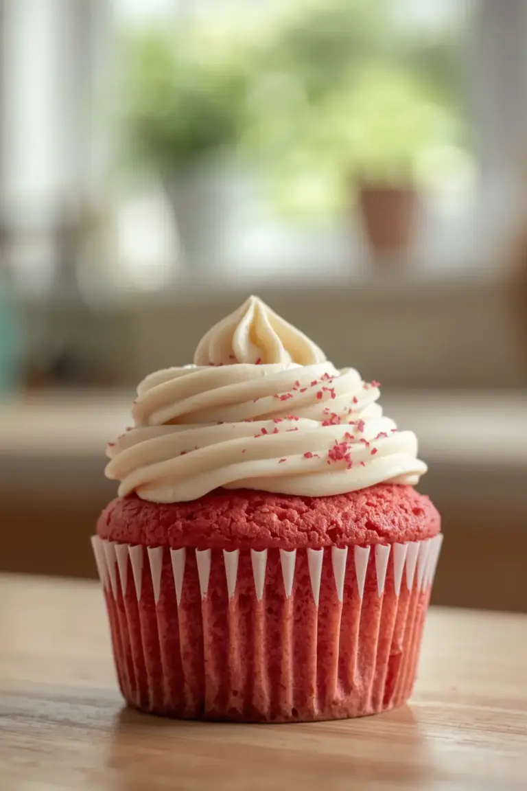 A single pink velvet cupcake with cream cheese frosting