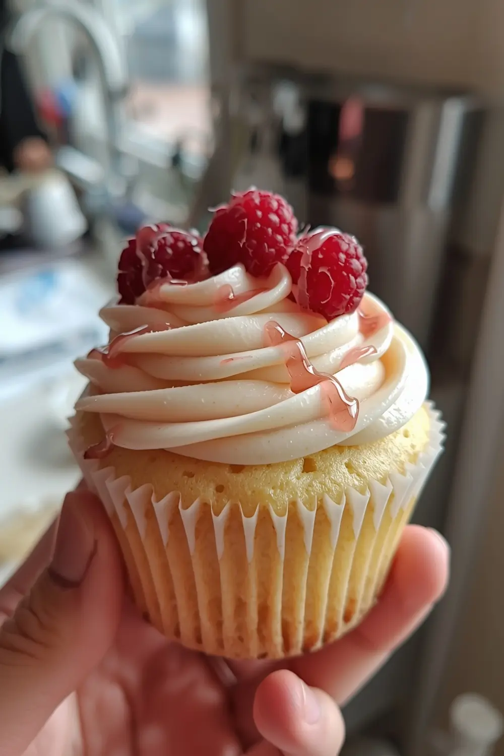 A close-up of a raspberry lemonade cupcake with creamy frosting and fresh raspberries